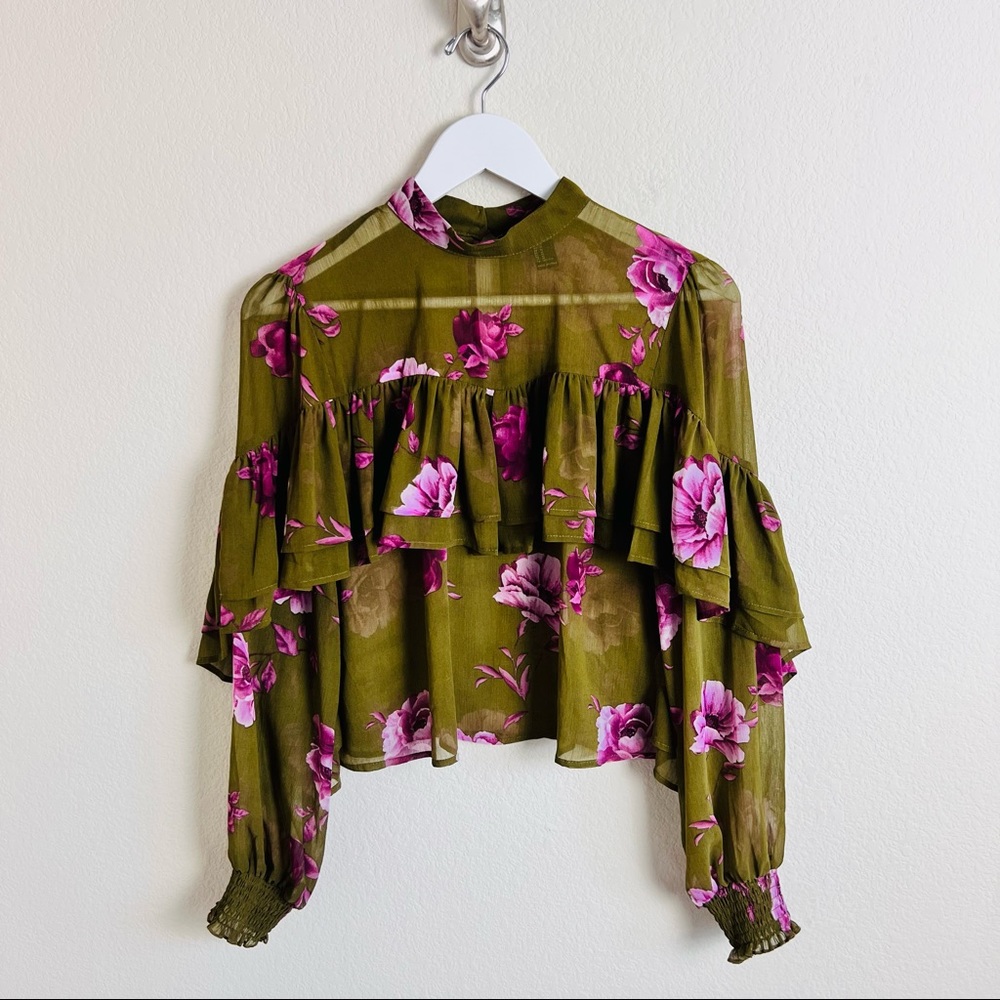 Olive Green & Fuchsia Floral Long Sleeve Ruffle Ruched Layered Blouse